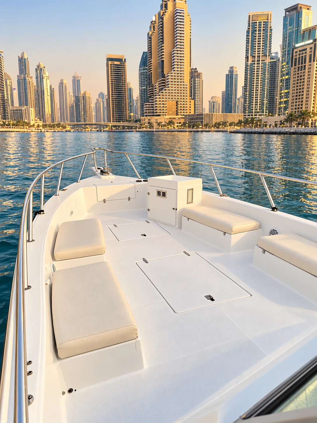 Open bow seating on the Sea Dreams 38-ft fishing yacht in Dubai