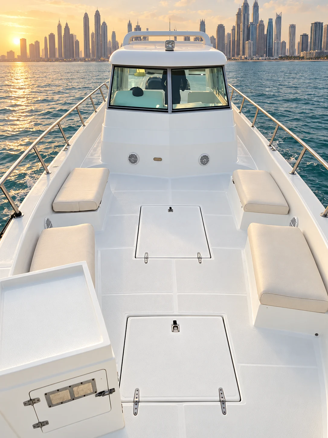 Spacious bow deck and guest seating on the Sea Dreams 38-ft fishing yacht