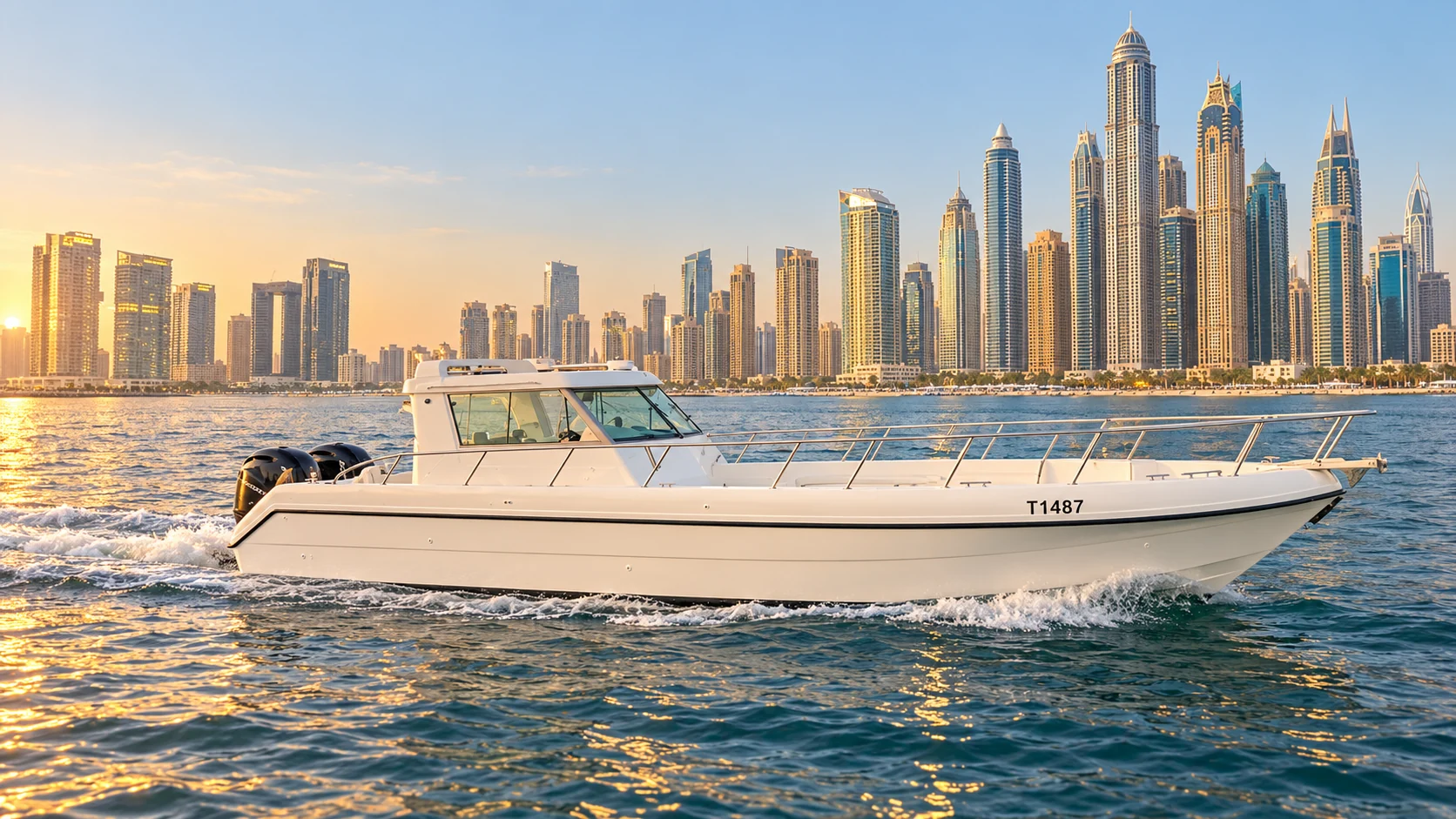 Sea Dreams 38-ft private fishing yacht cruising beside the Dubai Marina skyline
