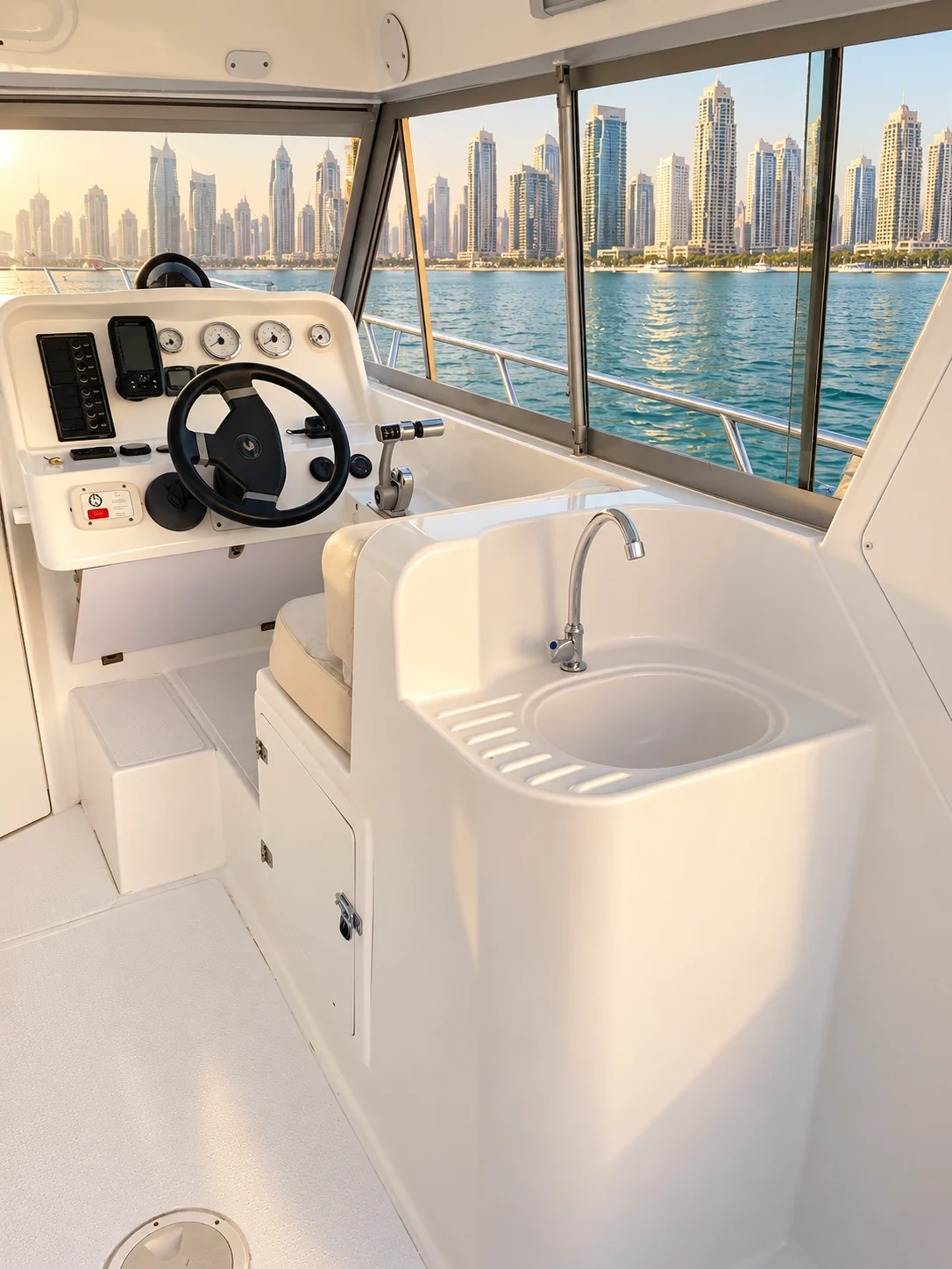 Enclosed helm and preparation sink aboard the Sea Dreams 38-ft yacht
