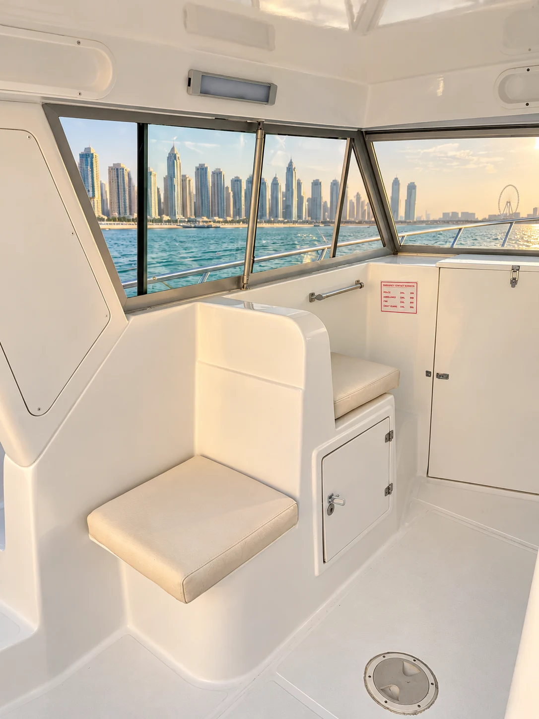 Shaded interior seating aboard the Sea Dreams 38-ft yacht in Dubai