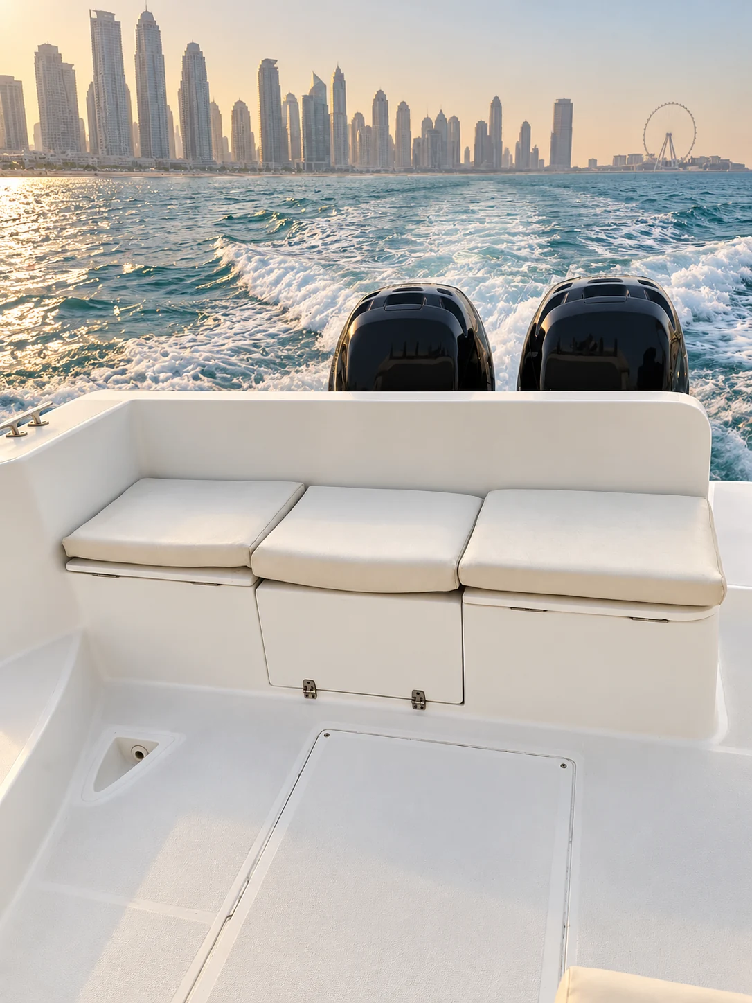Aft seating and twin outboard engines aboard the Sea Dreams 38-ft fishing yacht